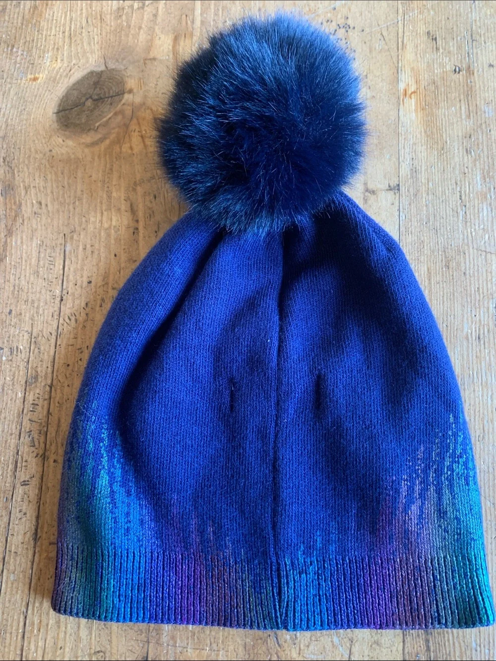 Adrienne Landau Womens Iridescent Navy Beanie with Pom